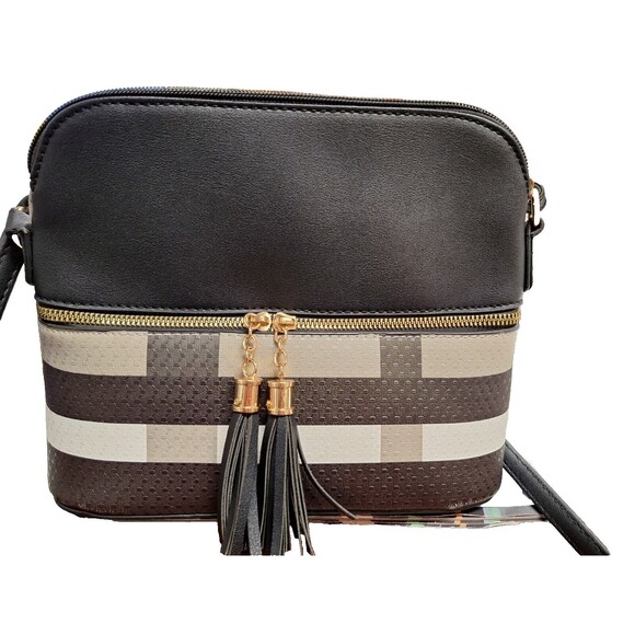 Lightweight Medium Dome Crossbody Bag Shoulder Bag with Tassels Plaid Vegan Wome - Picture 1 of 4